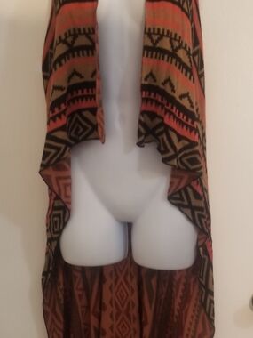 NWOT Timing Brown and Coral Tribal Open-Front Sweater Vest
